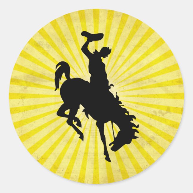 Cowboy on Bucking Bronc; yellow Classic Round Sticker (Front)