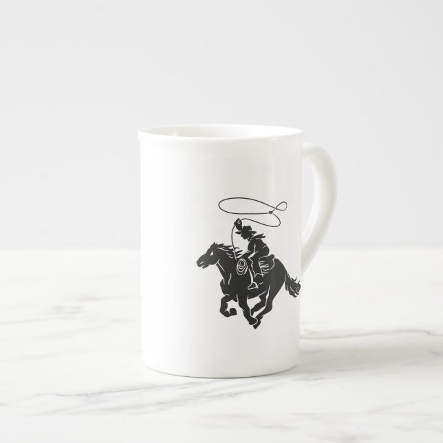 Cowboy on bucking horse running with lasso bone china mug (Front Right)