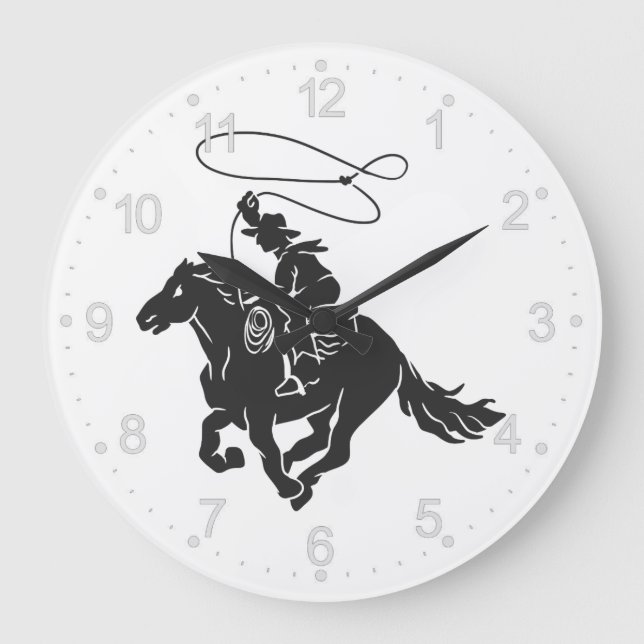 Cowboy on bucking horse running with lasso large clock (Front)