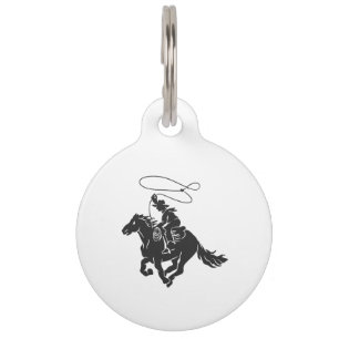 Cowboy on bucking horse running with lasso pet tag