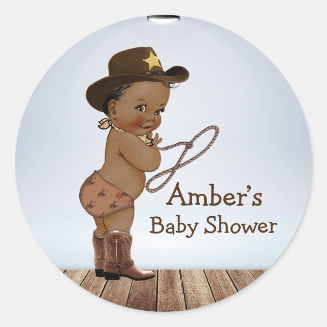 Cowboy On His Way Baby Shower  Classic Round Stick Sticker (Front)