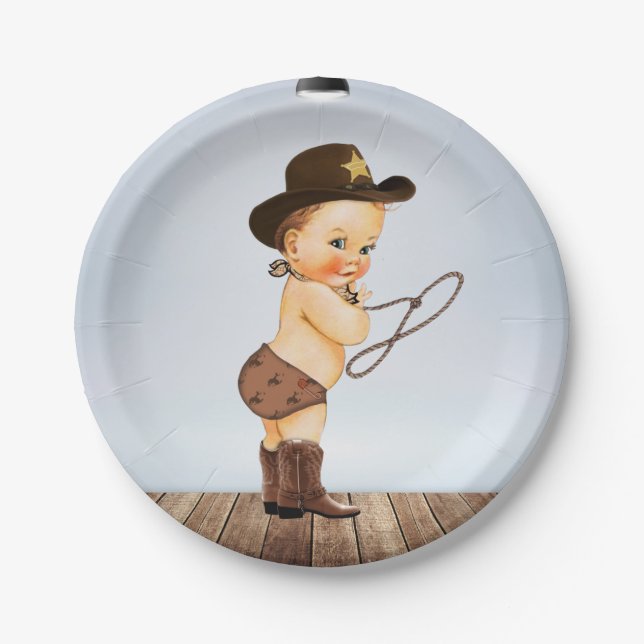 Cowboy On His Way Baby Shower Paper Plate (Front)