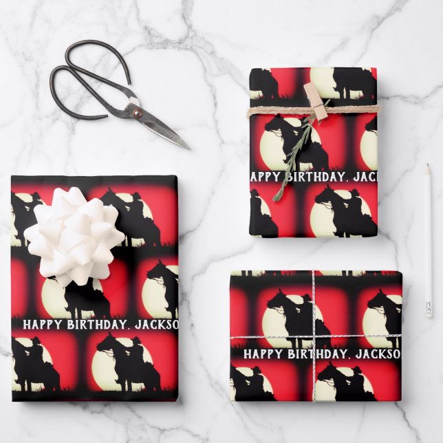 Cowboy on Horse Red and Black Wrapping Paper Sheet (Front)