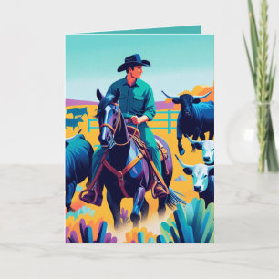 Cowboy On Horse With Cattle Personalized Card