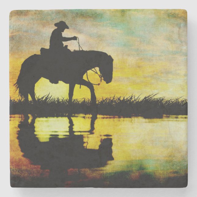 Cowboy on Horseback at Sunset. Stone Coaster (Front)