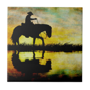 Cowboy on Horseback at Sunset. Tile