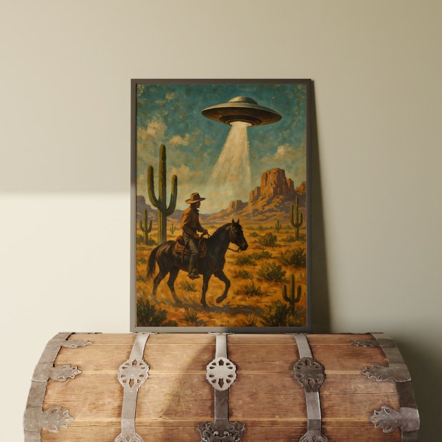 Cowboy On Horseback UFO Rencontre Poster d'Art Mur (This fun and whimsical illustration depicts a cowboy on horseback encountering a UFO in the desert. )