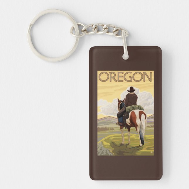 Cowboy on Horseback Vintage Travel Poster Keychain (Front)