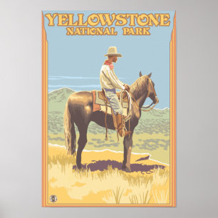 Cowboy on Horseback - Yellowstone National Poster