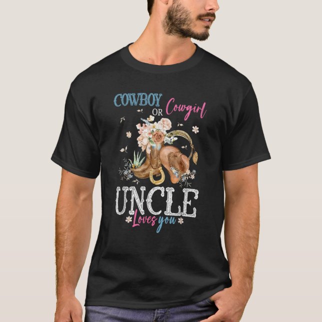 Cowboy or Cowgirl Gender Reveal Party Announcement T-Shirt (Front)