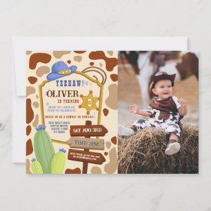 Cowboy Photo Birthday Party Western Blue Boys Invitation