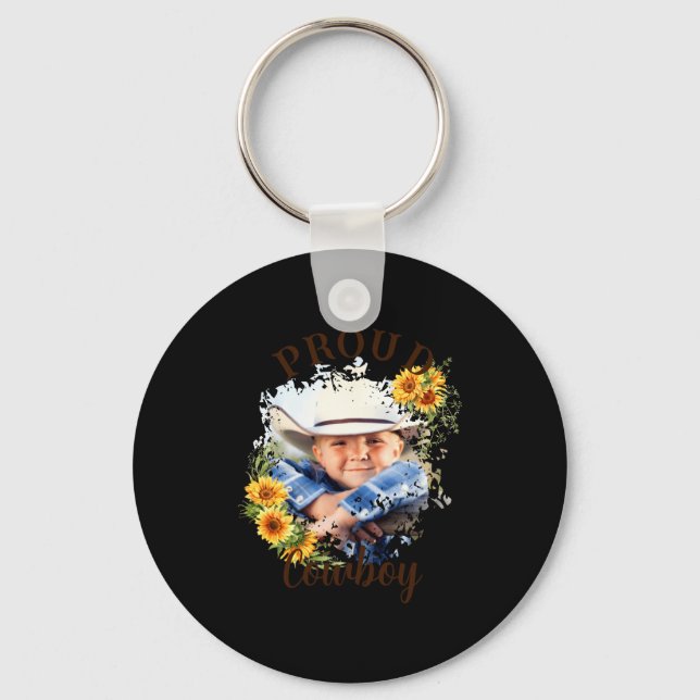 Cowboy Photo Text Sunflower Accent T Shirt  Keychain (Front)