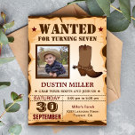 Cowboy Photo Wanted Poster Birthday Party Invitation<br><div class="desc">Amaze your guests with this cowboy theme birthday party invite featuring a rustic wanted poster design with western elements and eye-catching typography on a vintage parchment background. Simply add your event details on this easy-to-use template and adorn this card with your child's favourite photo to make it a one-of-a-kind invitation....</div>