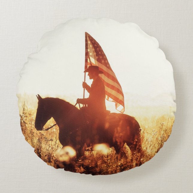 Cowboy Portrait USA Flag Theme. Round Pillow (Front)