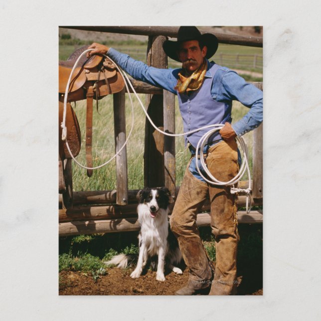 Cowboy posing with lasso and pet dog postcard (Front)