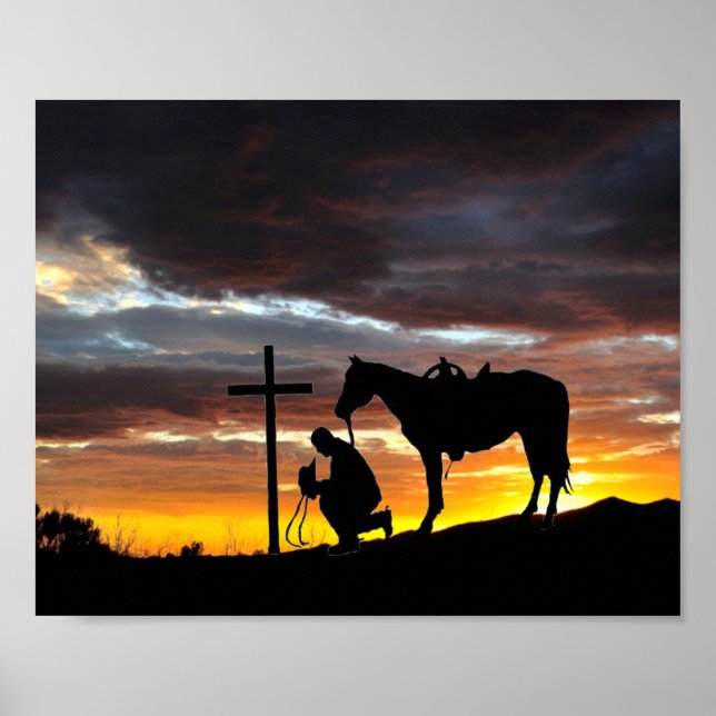 Cowboy Prayer Silhouette With Sunset Poster (Front)