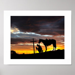 Cowboy Prayer Silhouette With Sunset Poster