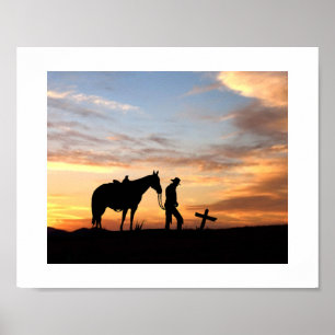Cowboy Prayer Silhouette With Sunset Poster