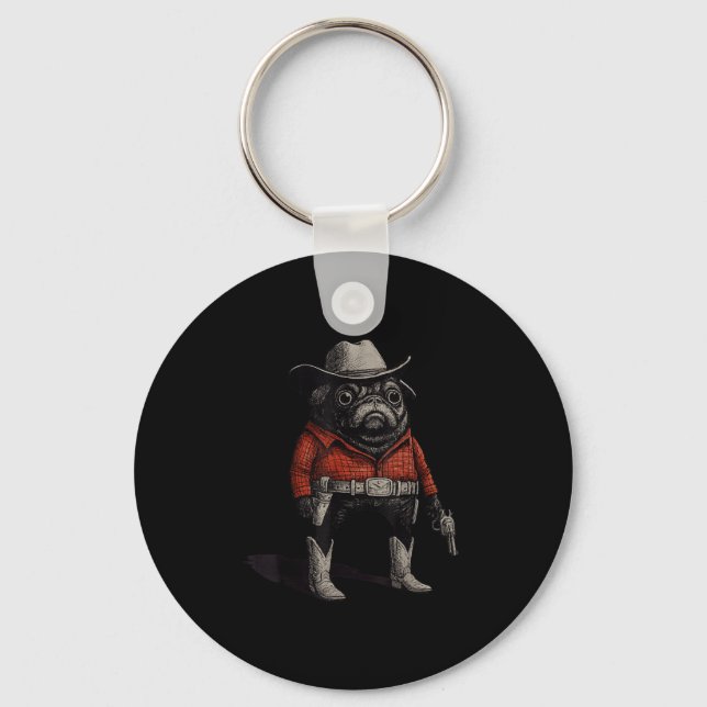 Cowboy Pug Dog Funny Western Outfit Red Pug Cowboy Keychain (Front)