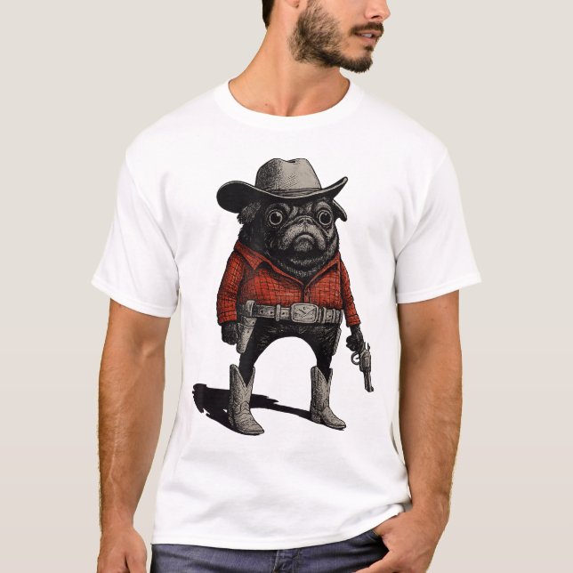 Cowboy Pug Dog Western Outfit Red Pug Cowboy  T-Shirt (Front)