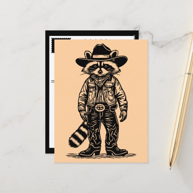 cowboy raccoon holiday postcard (Front/Back In Situ)