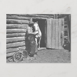 Cowboy reading a letter postcard