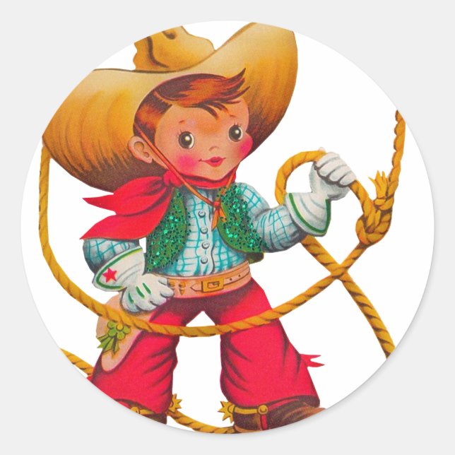 Cowboy Retro Boy Child Cute Western Classic Round Sticker (Front)