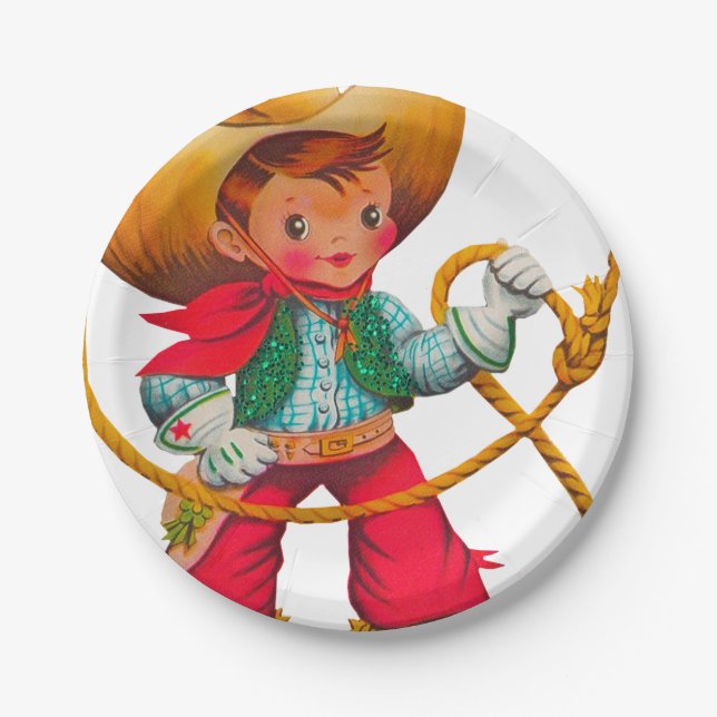 Cowboy Retro Boy Child Cute Western Paper Plate (Front)