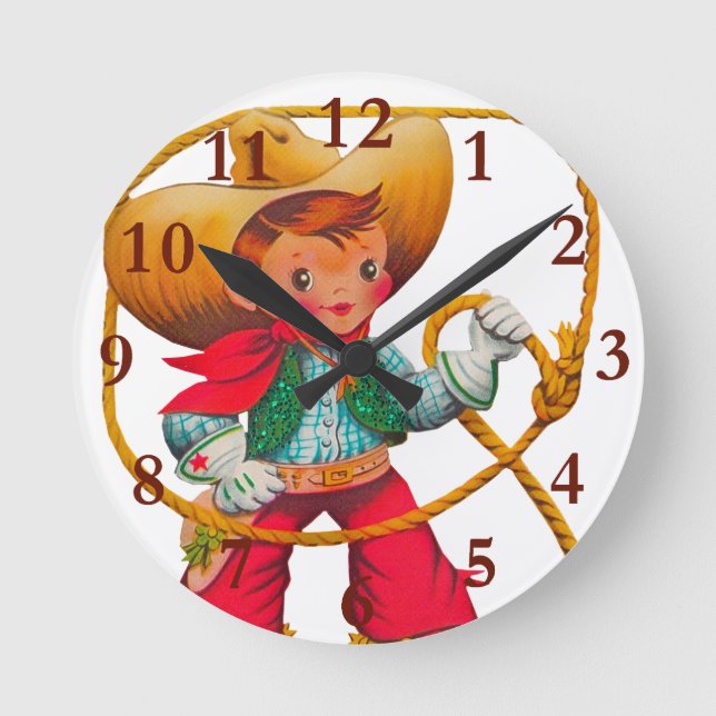 Cowboy Retro Boy Child Cute Western Round Clock (Front)