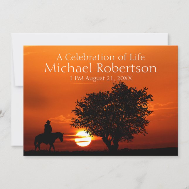 Cowboy Rides Horse at Sundown Celebration of Life Invitation (Front)