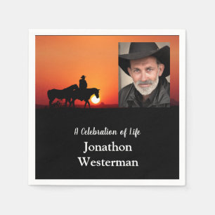 Cowboy Rides Horse at Sunset Celebration of Life  Napkin