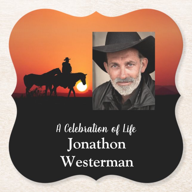 Cowboy Rides Horse at Sunset Celebration of Life  Paper Coaster (Front)