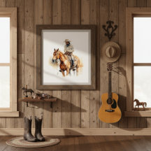 cowboy riding a brown horse too, customizable