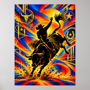 Cowboy Riding a Bull at a Rodeo Silhouette Poster
