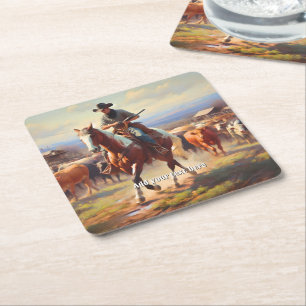 Cowboy Riding a Paint Horse Square Paper Coaster