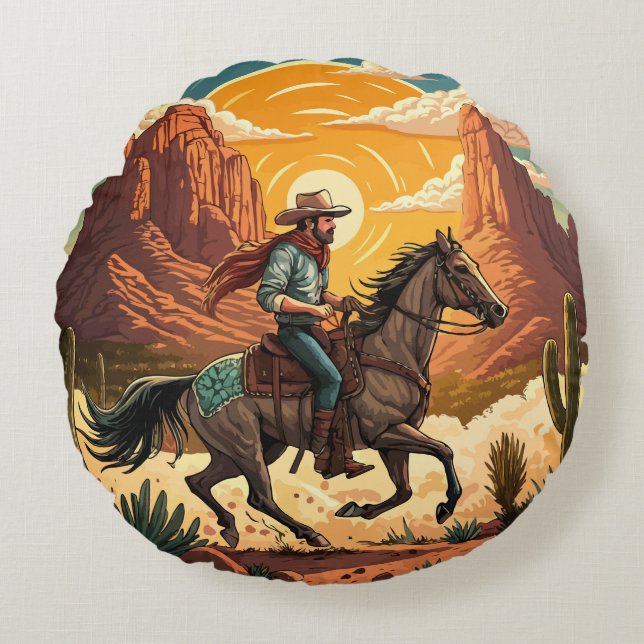 Cowboy Riding Horse at Sunset Round Pillow (Front)
