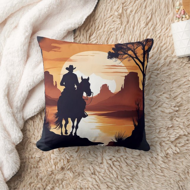Cowboy Riding Horse in Desert at Sunrise  Throw Pillow (Blanket)