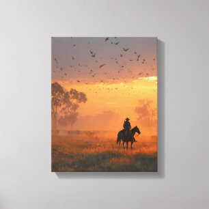 Cowboy Riding Into Fiery Sunset Art Canvas Print