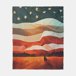 Cowboy Riding into Flag Sunset Fleece Blanket