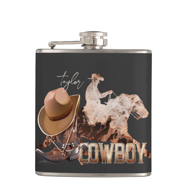 Cowboy riding western boots cowboy hat hip flask (Front)