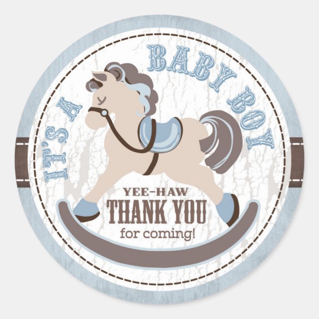 Cowboy Rocking Horse Western Baby Shower Classic Round Sticker (Front)