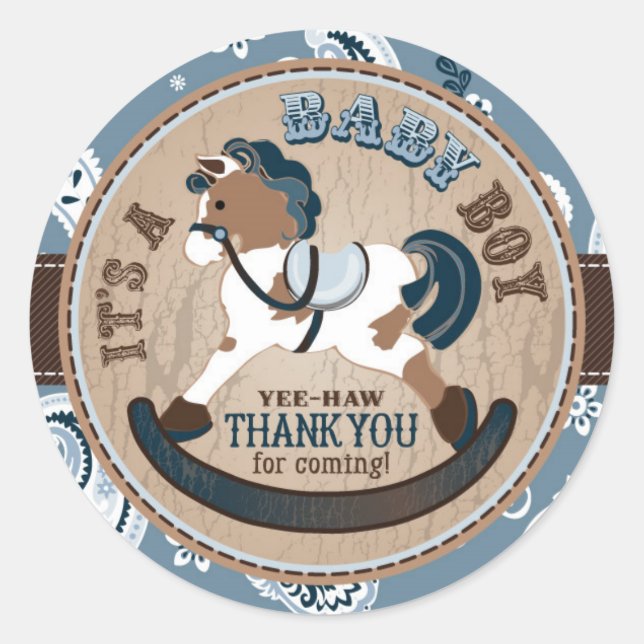 Cowboy Rocking Horse Western Baby Shower Classic Round Sticker (Front)