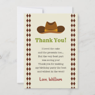 Cowboy Rodeo Wild West Kids Boys Birthday Party Thank You Card
