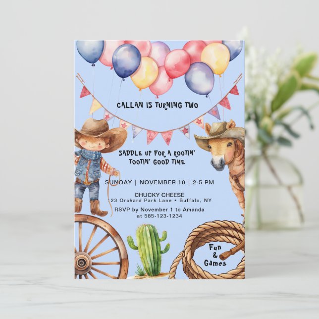 Cowboy Rootin'Rootin' Time Birthday Invitation (Standing Front)