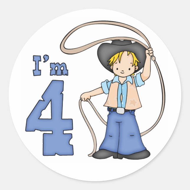 Cowboy Roper 4th Birthday Classic Round Sticker (Front)