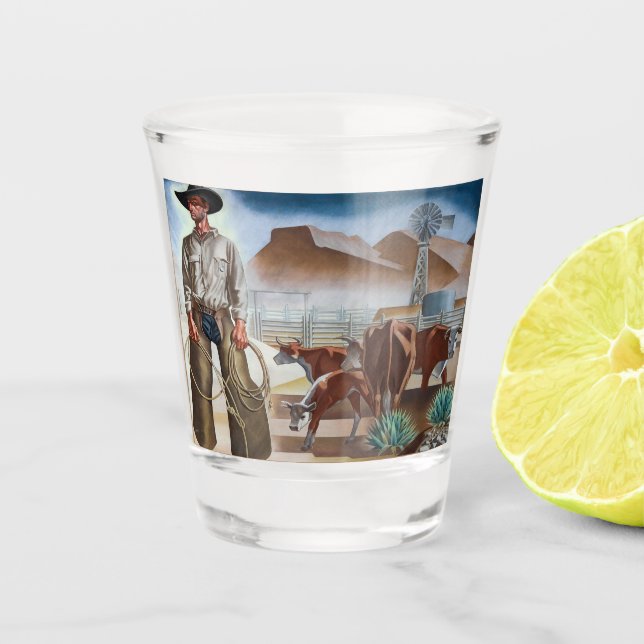 Cowboy Roping Cattle  Shot Glass (Front)