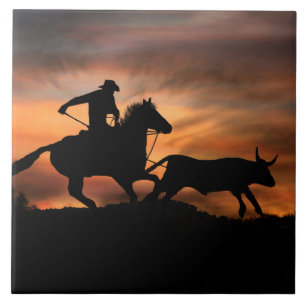 Cowboy Roping Steer at Sunset Tile