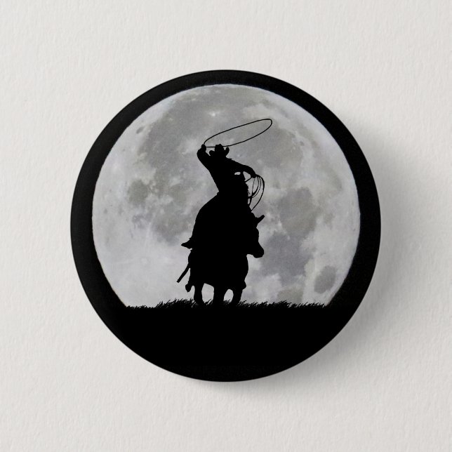 Cowboy Roping Steer in the Full Moonlight Surreal 2 Inch Round Button (Front)