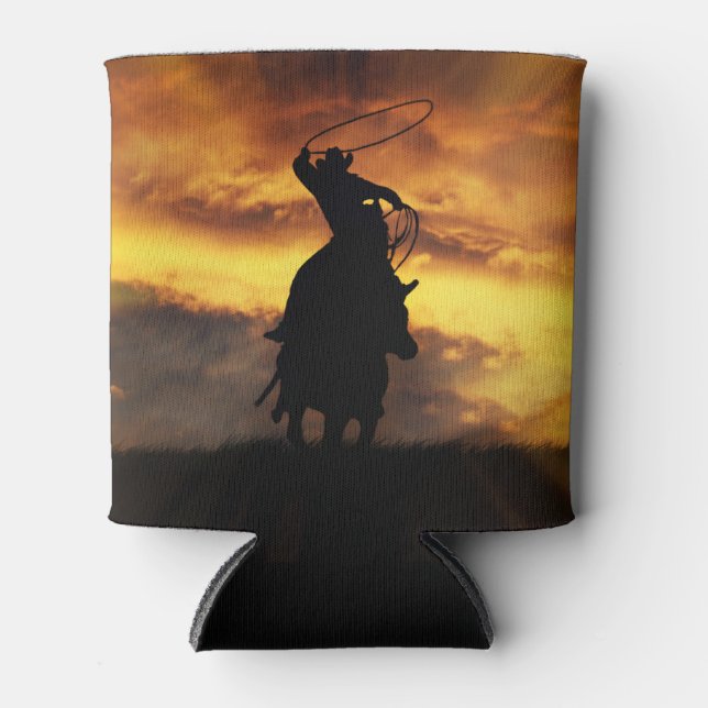 Cowboy Roping with Horse and Sunset Can Cooler (Front)