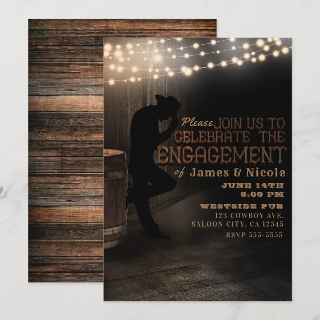 Cowboy Rustic Country Saloon Pub Engagement Party Invitation (Front/Back)